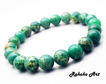 Bracciale in diaspro imperiale verde da 8 mm: pietra preziosa naturale unisex fatta a mano, gioiello con perline elastiche, regalo di amicizia