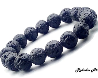 6/8/10 mm Black Lava Rock Bracelet: Unisex Volcanic Basalt Beaded Stretch Jewelry
