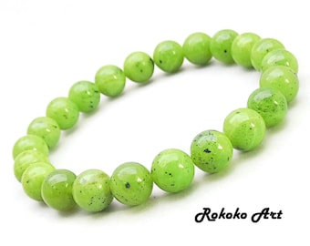 8mm AAAAA Canada Green Jade Bracelet: Natural Round Beads Gemstone, Unisex Handmade Stretch Jewelry