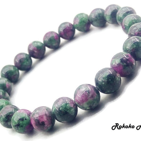 Bracelet rubis zoisite AAA 8/10 mm : perles rondes naturelles, pierres précieuses, bijoux extensibles unisexes faits main