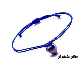 Heart Charm Bracelet.Blue String Bracelet.Adjustable Knot.Wish Bracelet.Handmade Jewelry.Unisex Bracelet.Friendship Gift.Bracelet.