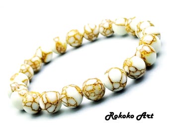 8mm White Howlite Turquoise Gemstone Bracelet, Unisex Handmade Natural Round Beads Stretch Jewelry