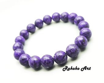 10mm Purple Charoite Beaded Bracelet: Gemstone, Handmade Jewelry