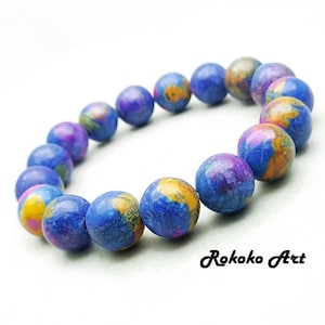 12 mm Azurite & Malachite Round Beads Bracelet, 7.5 inches Natural Gemstone Stretch Friendship Gift, Boutique Unisex Handmade Jewelry.