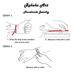 May include: Diagram showing two ways to measure your wrist for a bracelet. Option 1: Wrap a strip around the smallest part of your wrist and then measure the strip with a ruler. Option 2: Measure your wrist directly with a measuring tape.