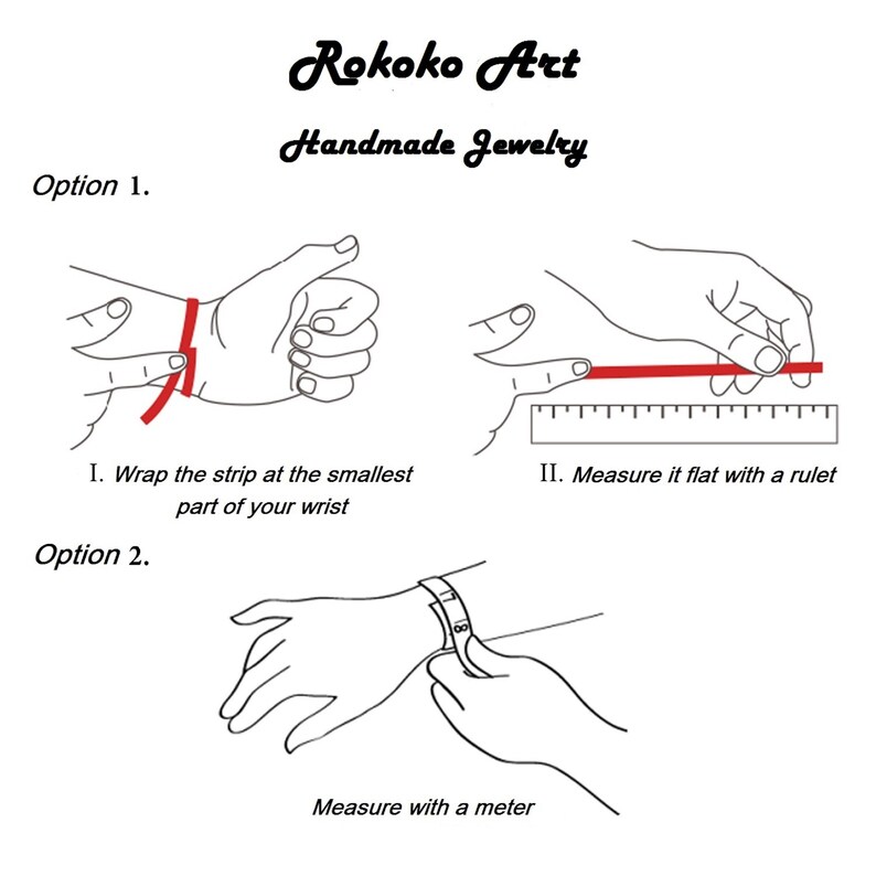 May include: Diagram showing two ways to measure your wrist for a bracelet. Option 1: Wrap a strip around the smallest part of your wrist and then measure the strip with a ruler. Option 2: Measure your wrist directly with a measuring tape.