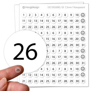 132 stickers Ø 7.5 mm, numbers 1-31 calendar numbers, 4 months, font: 1