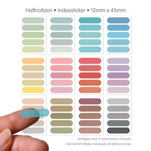 Könnte beinhalten: Eine Sammlung farbiger Indexaufkleber, jeweils 12 mm x 45 mm groß, in Reihen angeordnet. Die Aufkleber sind in verschiedenen Pastelltönen erhältlich, darunter Grün, Blau, Rosa und Lila. Der Text "Haftnotizen • Indexsticker • 12mm x 45mm" befindet sich oben.