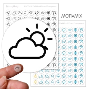 Könnte beinhalten: Transparente Wetter-Icon-Aufkleber, jeweils 10 mm Durchmesser. Die Aufkleber zeigen verschiedene Wettersymbole, darunter Sonne, Wolken, Regen, Blitz, Schneeflocken und Regenschirme. Der Text "90 ICON STICKERS / Ø 10mm | Transparent" ist sichtbar.