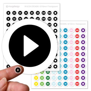 90 Aufkleber, Multimedia, Stereoanlage, Knopf, Play, Pause, Vorwärtsspulen, Rückwärts Spulen - transparent, Ø 10mm