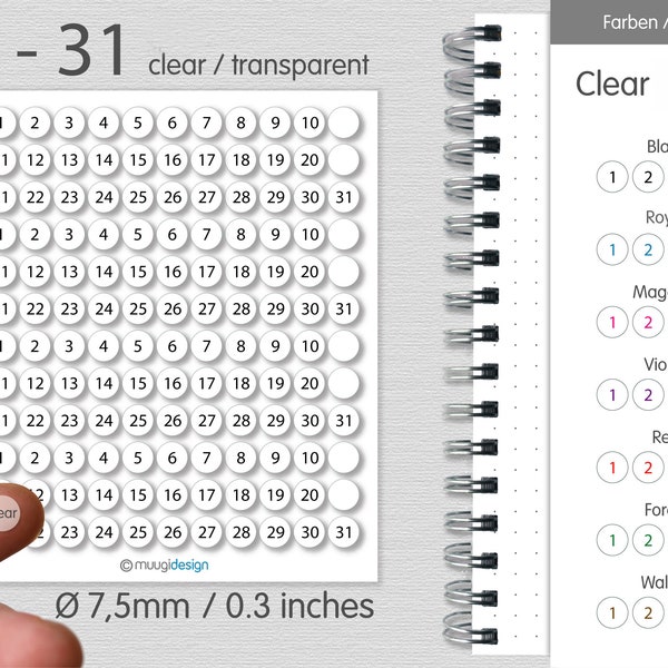 132 Aufkleber Ø 7,5mm, 1- 31, Kalenderzahlen, bunt, auf transparenter Folie