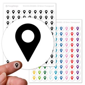 90 Aufkleber Landkartenpin, Schwarz und bunte Farbauswahl - transparent, Ø 10mm
