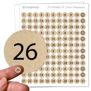 Könnte beinhalten: Ein Bogen mit 132 transparenten Aufklebern, jeweils 7,5 mm Durchmesser, mit den Zahlen 1-31 und Smileys. Ein großer Aufkleber mit der Nummer 26 wird gezeigt, zusammen mit einem kleineren Aufkleber mit der Nummer 26 auf einem Finger. Die Aufkleber sind beige mit schwarzem Text.