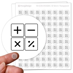 90 stickers, wiskundige symbolen, optellen, aftrekken, vermenigvuldigen, delen - transparant, Ø 10 mm