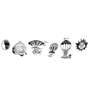 May include: Black and white illustration of various hot air balloons and airships. The illustration includes a crescent moon, a hot air balloon with a basket, a dirigible with a propeller, a hot air balloon with a basket, a hot air balloon with a basket, and a sun with a face.