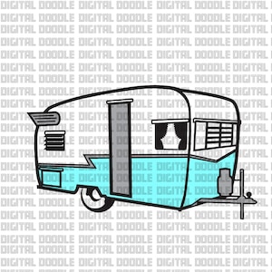May include: A cartoon illustration of a blue and white camper with a black outline. The camper has a window with a black and white pattern, a door, and a propane tank. The camper is on wheels and has a hitch.