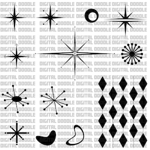 May include: A set of 10 black and white mid-century modern style graphic design elements. The elements include stars, circles, diamonds, and abstract shapes.