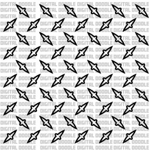 May include: A black and white geometric pattern with a repeating design of a stylized star shape. The pattern is on a white background.