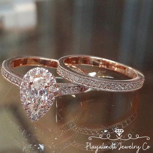 Pear Shaped Rose Gold Bridal Ring Set Wedding Ring Set Pear Etsy