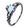 Heart White Opal Ring- black gold Claddagh Ring -Dainty Celtic Ring October Birthstone Ring Heart Ring Gifts for Her Opal Jewelry Gemstone.