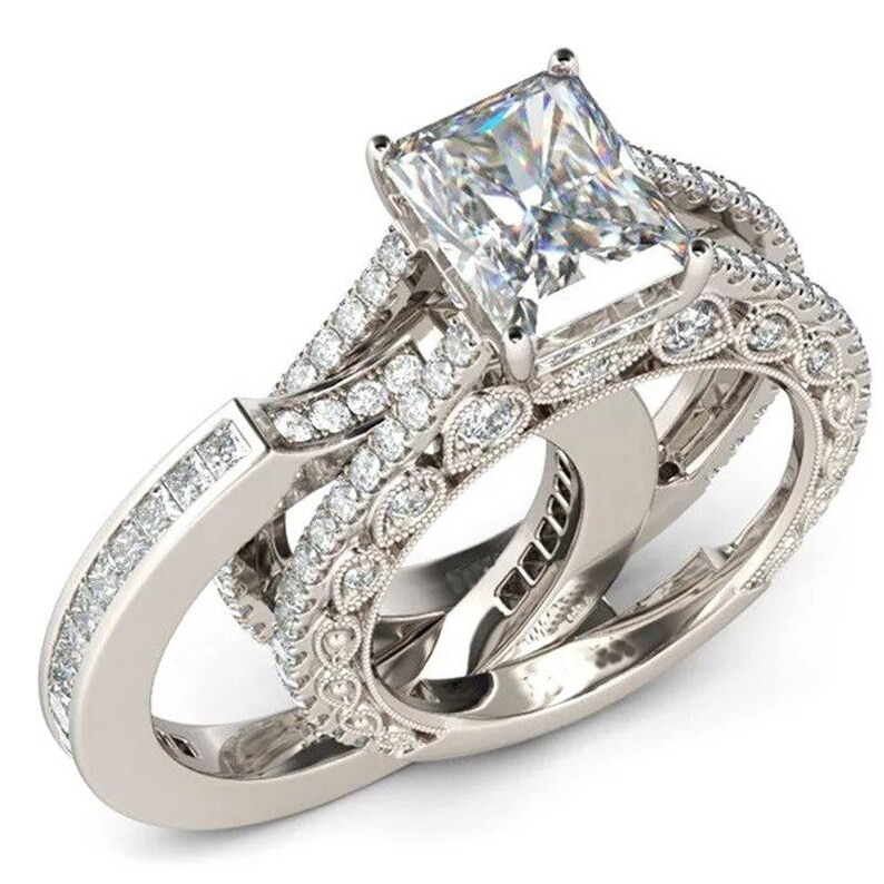 Princess Cut Wedding Ring Setsilver Wedding Ring Set Etsy