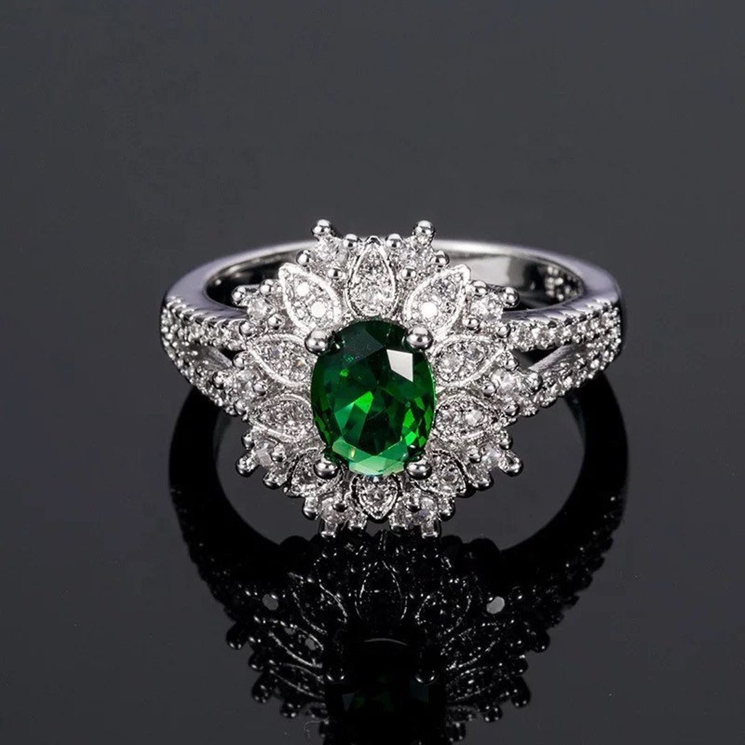 Emerald Ring Flower Ring 925 Silver Ringhalo Ring May - Etsy