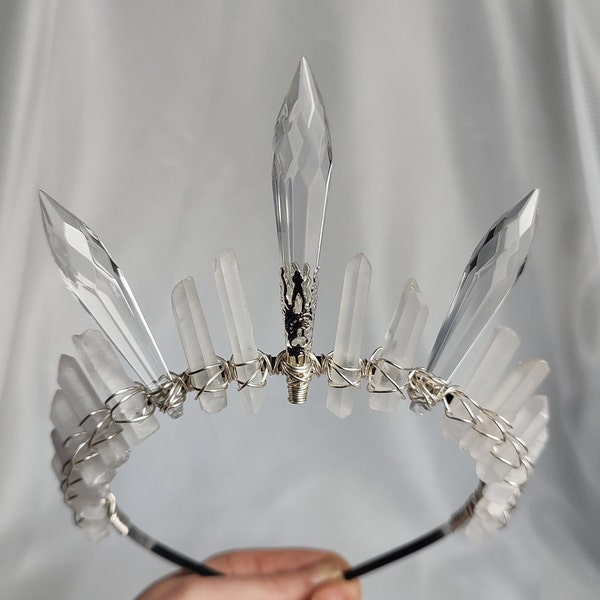 REINE DE GLACE | Couronne en quartz blanc avec cristaux de verre transparent | Diadème pour mariage, festival, cosplay, Halloween | Fantastique, Conte de fées, Déesse