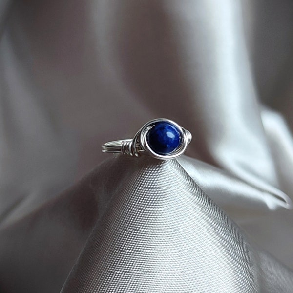 Lapis Lazuli Wire Wrapped Ring in Silver or Copper | Lapis Lazuli Gemstone Bead | Friendship, Psychic Ability, Third Eye and Throat Chakra