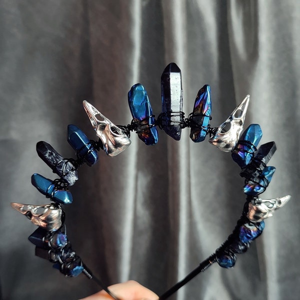 MYSTIC CROW | Black and Blue Titanium Quartz Crystal Crown with Raven Skulls | Tiara for Wedding, Festival, Photoshoot | Gothic, Pagan