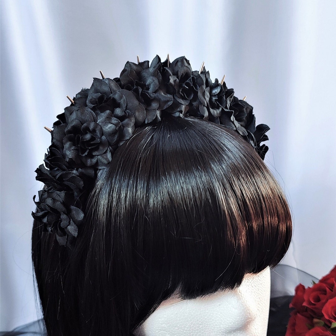 BELLA THORN Gothic Headband With Black Flowers and Silver Spikes