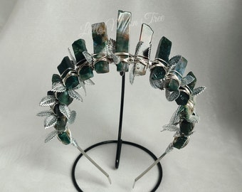 MOTHER EARTH | Moss Agate Crystal Crown with Leaves Silver or Gold | Tiara for Wedding, Prom, Festival, Photoshoot | Pagan, Wiccan, Goddess