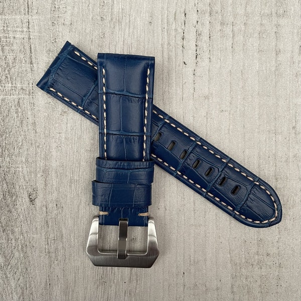 For Officine Panerai Luminor Marina Radiomir PAM Watches 22mm 24mm 26mm BLUE Croc Style Leather Watch Strap Band WIth Pre-v Buckle