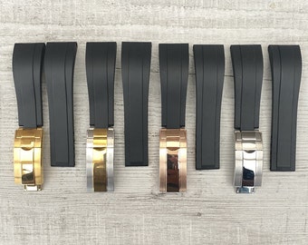 22mm Öse Oysterflex Schwarz Kautschuk Silikon Band Edelstahlschließe Silber/Gold/Rosegold/Schwarz Faltschließe