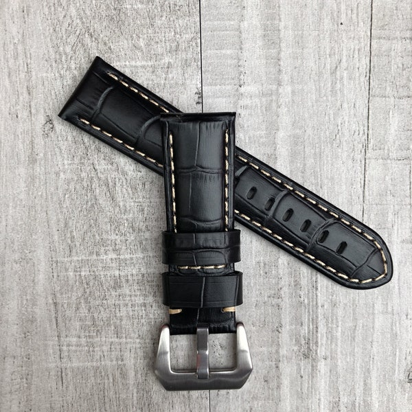 For Officine Panerai Luminor Marina Radiomir PAM 22mm 24mm 26mm Handmade Black Croc Style Leather Watch Strap Band Pre-v Buckle