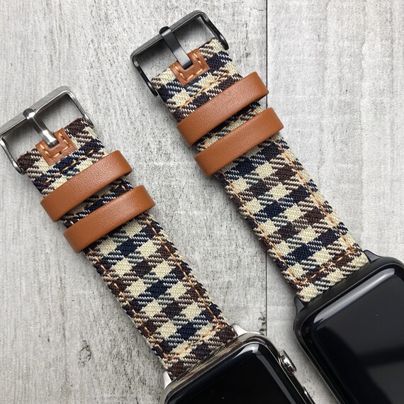 Para Apple Watch Series 9 8 7 6 38 40 41 mm 42 44 45 mm Tartan hecho a mano Forro de tela de algodon marron negro y correa de piel de becerro marron Etsy Mexico