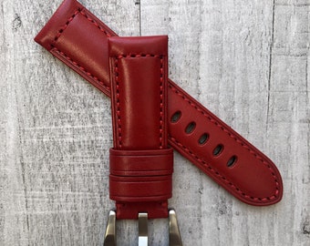 For Officine Panerai Luminor Marina Radiomir PAM 22mm 24mm Handmade Red Bull Leather Watch Strap Band Pre-v Buckle