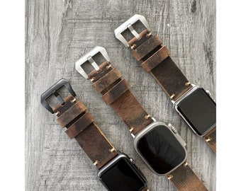 For Apple Watch Ultra Band 49mm 45mm 44mm 42mm Series Ultra 9 8 7 6 5 4 3 2 1 Thick Brown Vintage Rustic Leather Apple Watch Band Strap