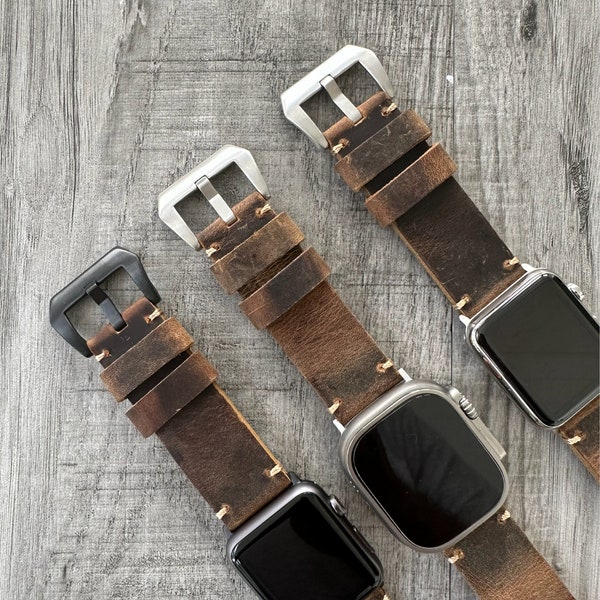 For Apple Watch Ultra Band 49mm 45mm 44mm 42mm Series Ultra 9 8 7 6 5 4 3 2 1 Thick Brown Vintage Rustic Leather Apple Watch Band Strap