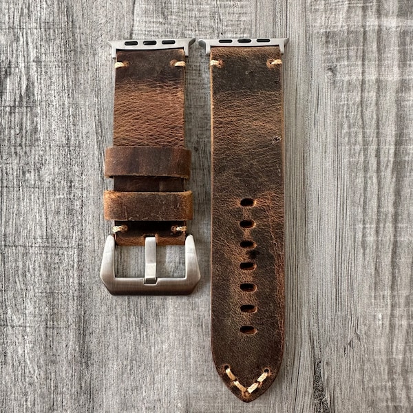 For Apple Watch Ultra 49mm Thick Brown Vintage Rustic Leather Apple Watch Band 26mm Wide Strap