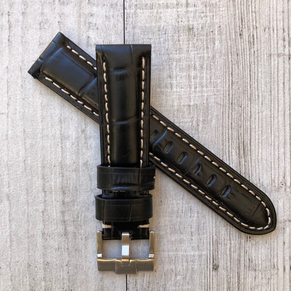 Black Croc Style Bull Leather Watch Strap Band 20mm Lug For For Omega Seamaster Planet Ocean With Steel Tang Buckle