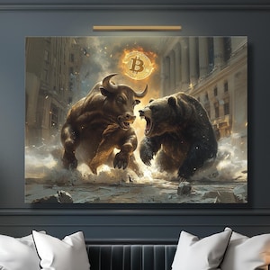 Battaglia di criptovalute Bull vs Bear. Corsa dei tori. Stampa su tela o poster di carta. / Tela o poster da parete. Alta qualità