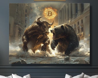 Puede incluir: Un gran lienzo que representa un toro y un oso luchando, con un símbolo de Bitcoin encima. La obra de arte está ambientada en un escenario urbano. La habitación tiene una pared azul oscuro, un sofá, lámparas y una mesa de centro. Una decoración para el salón.