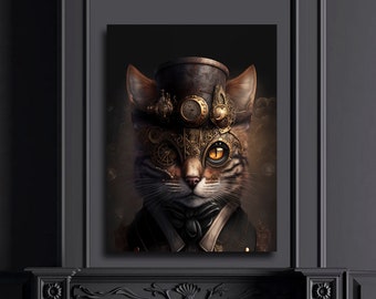 Steampunk Cat Canvas Print | AI Generated Wall Art