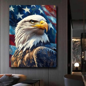 Weißkopfseeadler mit Amerikanische Flagge | USA Patriotic Adler Büro Wand Kunst Druck | Wall Art Canvas oder Poster. Hohe Qualität | Büro Dekor