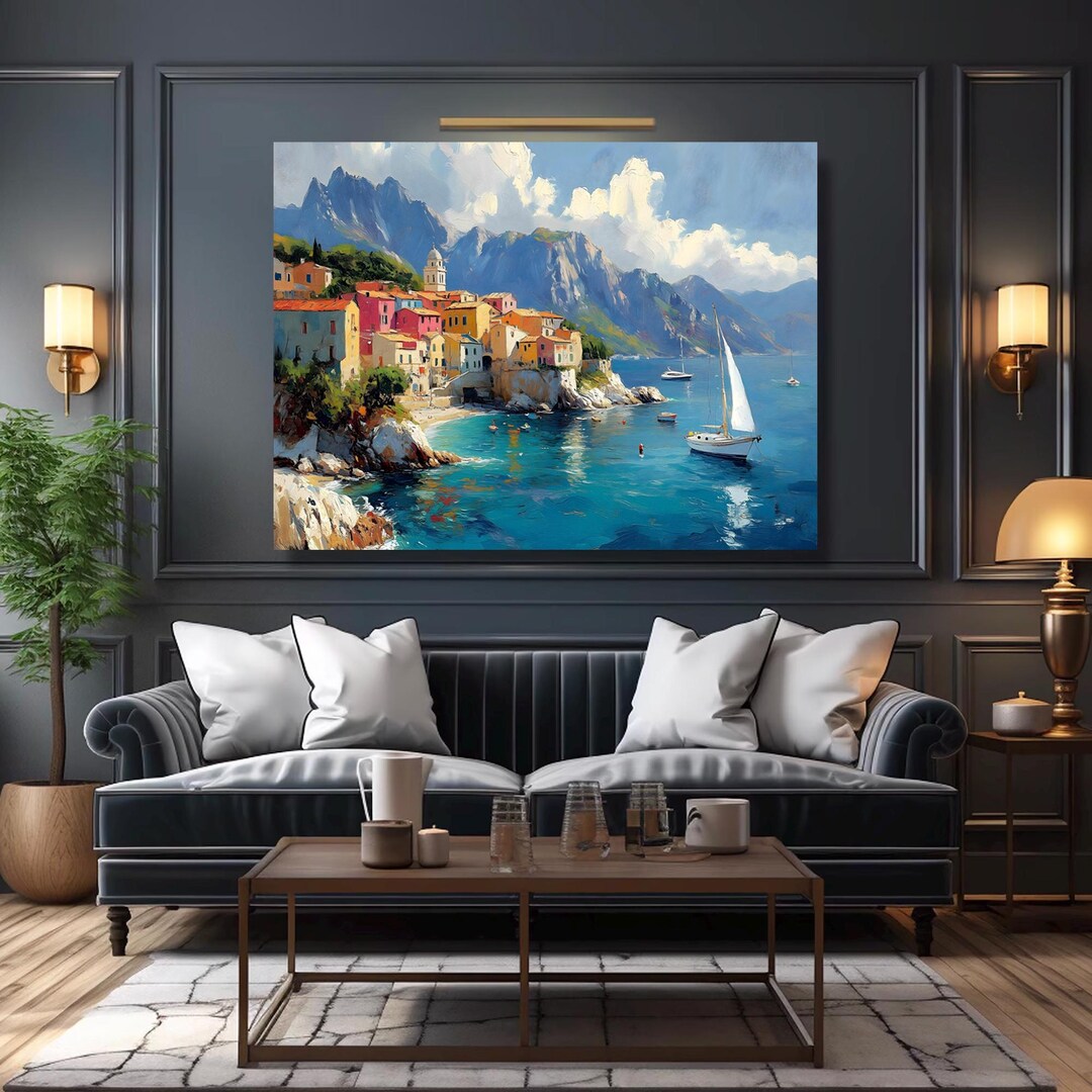 Italian Coastal Landscape Wall Art – Yacht and Sea Canvas Print ...