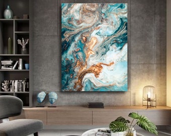 May include: Abstract art print featuring swirling blue, white, and gold paint. The colors blend together to create a marbled effect.