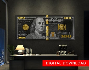 100 Gold dollar bill with Benjamin Franklin. Wall Art Canvas. Printable  Digital, Download for print