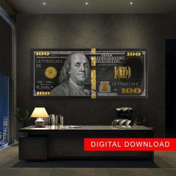 100 Gold dollar bill with Benjamin Franklin. Wall Art Canvas. Printable  Digital, Download for print