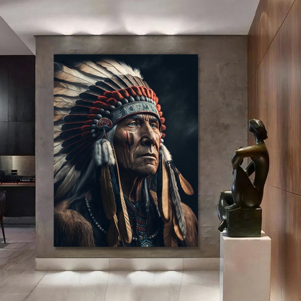 Indianer Portraitführer. Midjourney AI Generiert | Wandkunst auf Leinwand oder Poster | Wanddeko für Zuhause | СAufhängefertige Leinwand
