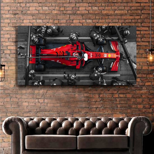 F1 Ferrari pit stop print on natural canvas. Cool decor for home and office. A high quality.